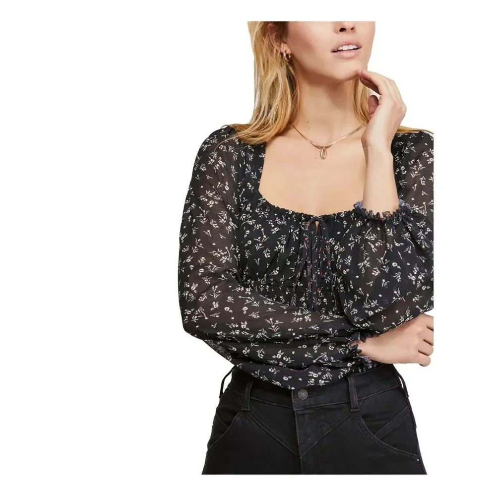 EUC Free People Lolita Floral Peasant Top Black Long Sleeve Boho Blouse Sz Small
